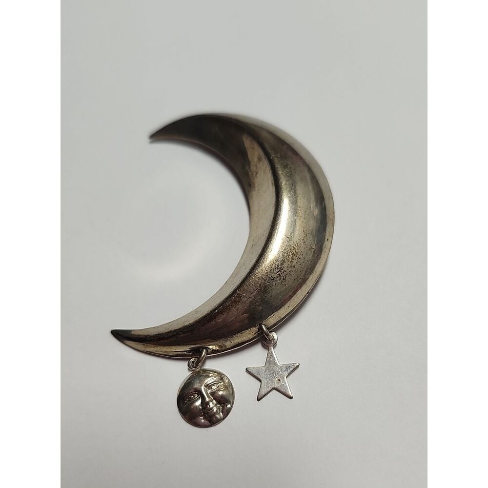 Sterling Silver Crescent Moon and Stars Pin Brooch 925
